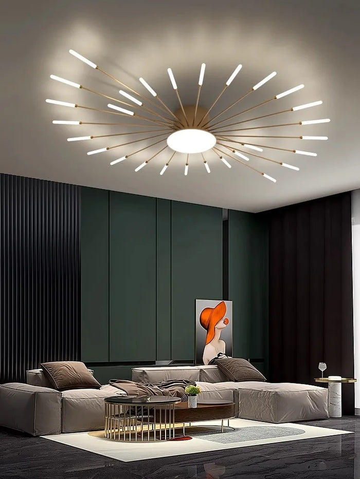 Lustre LED feux d'artifice doré au plafond d'un salon
