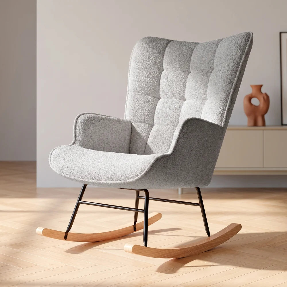Rocking chair capitonné gris perle à dossier à oreilles