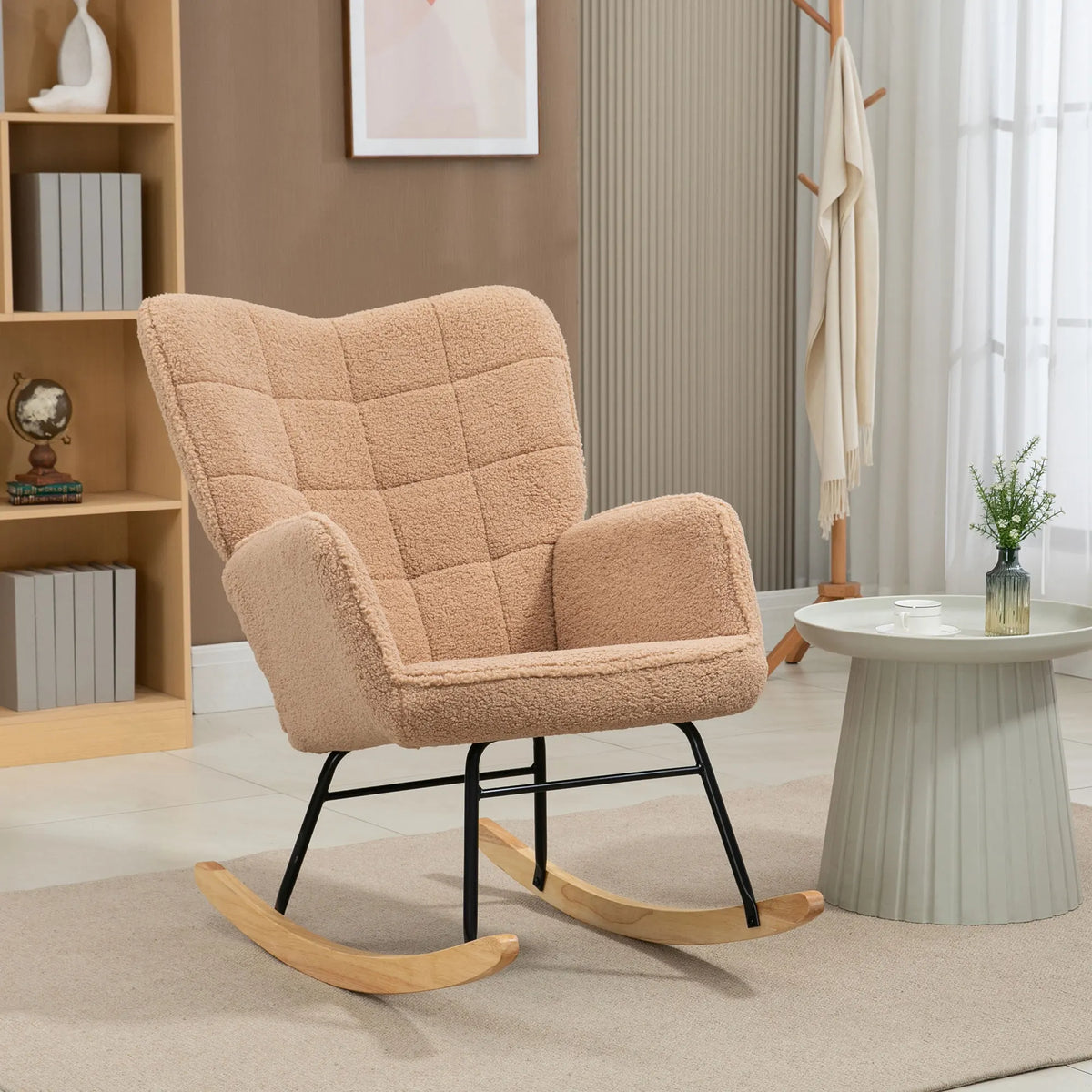 Rocking chair bouclette terracotta dans un salon