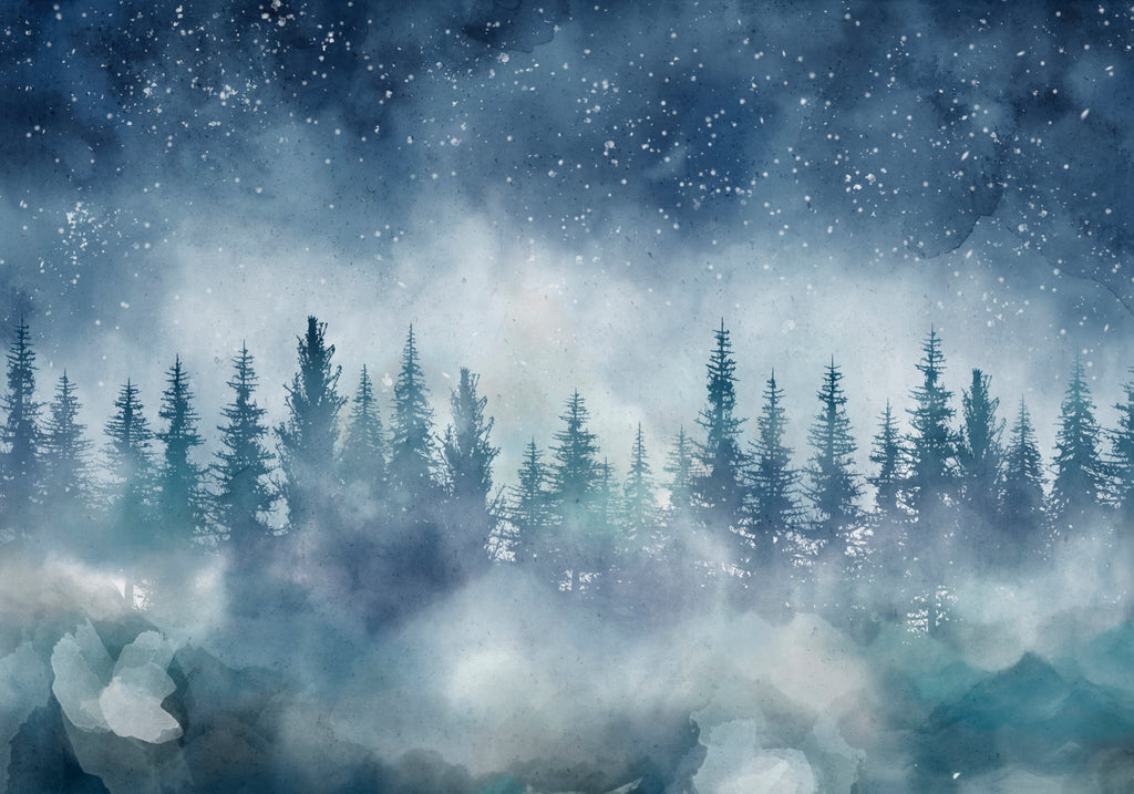 Papier peint panoramique forêt de nuit bleu étoilé