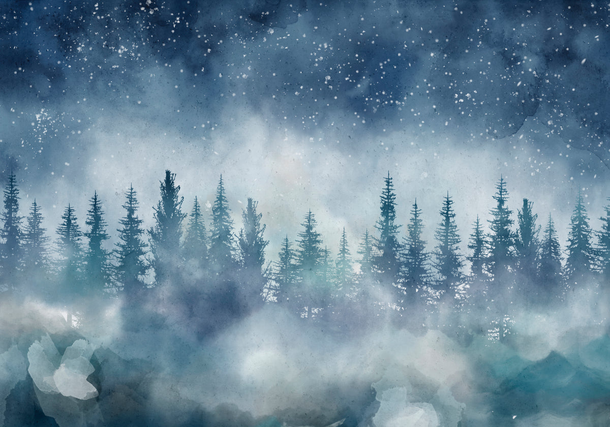 Papier peint panoramique forêt de nuit bleu étoilé