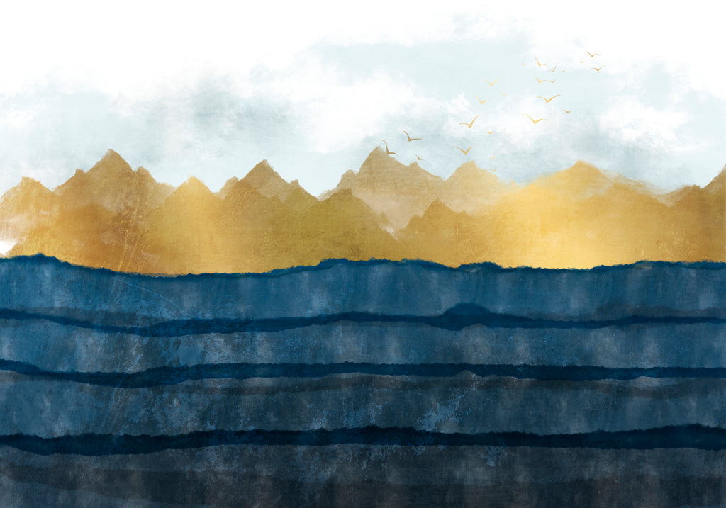 Papier peint panoramique montagnes dorées sur fond indigo