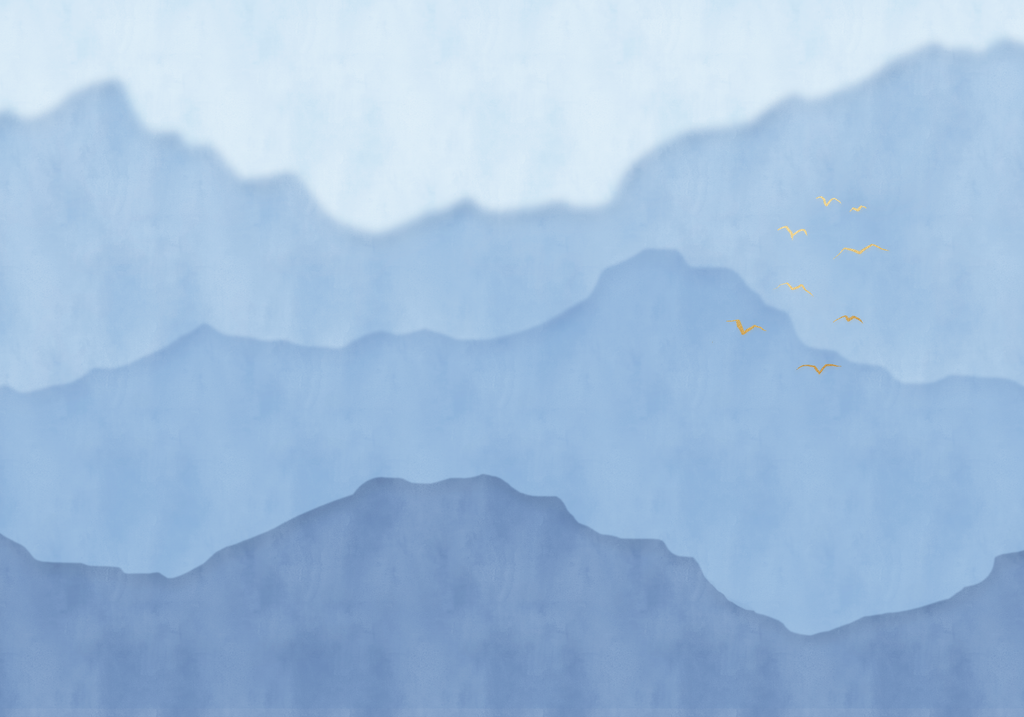Papier peint panoramique montagnes bleues et oiseaux dorés