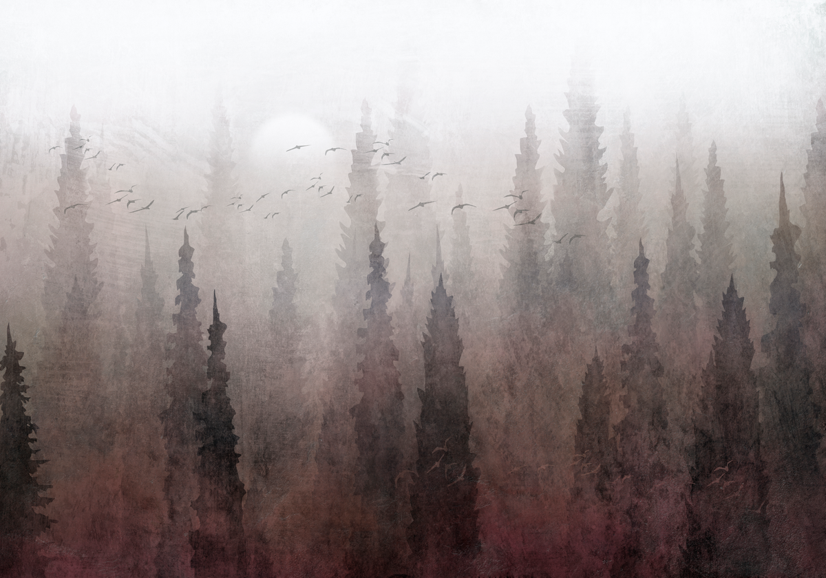 Papier peint panoramique forêt rose poudré avec vol d'oiseaux