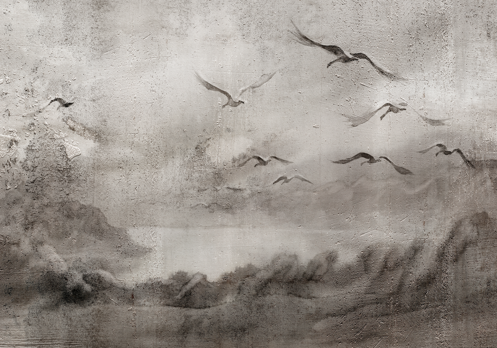 Papier peint panoramique vol d'oiseaux à l'encre grise