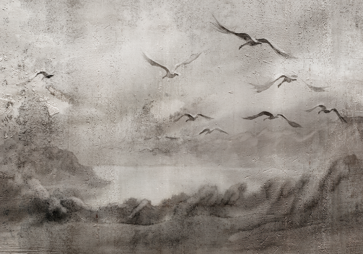Papier peint panoramique vol d'oiseaux à l'encre grise