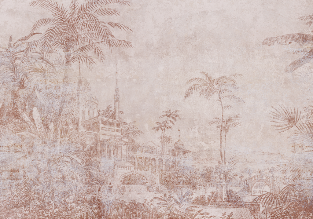 Papier peint panoramique jardin gravé terracotta