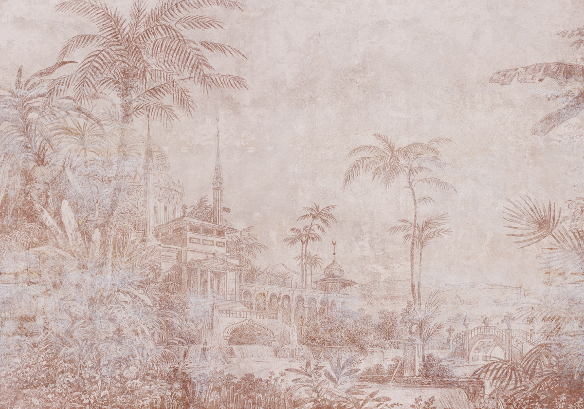 Papier peint panoramique jardin gravé terracotta