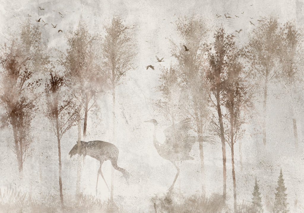 Papier peint panoramique arbres et oiseaux beige patiné