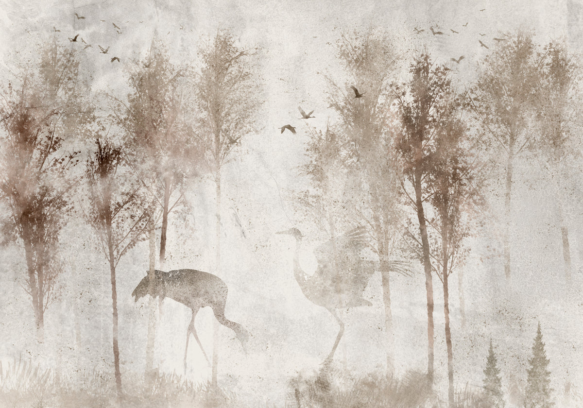 Papier peint panoramique arbres et oiseaux beige patiné
