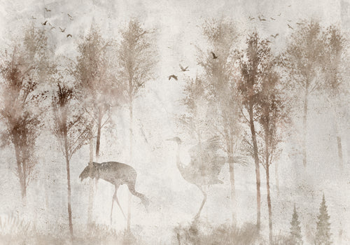 Papier peint panoramique arbres et oiseaux beige patiné