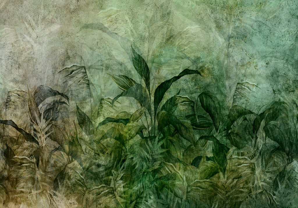 Papier peint panoramique feuillages tropicaux dans une brume verte