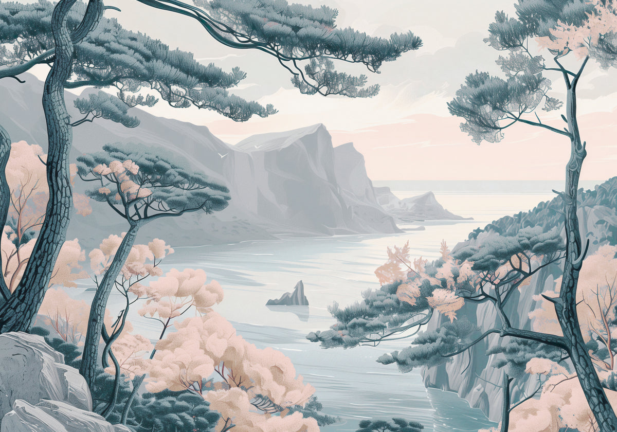 Papier peint panoramique chinoiserie côte aux pins pastel