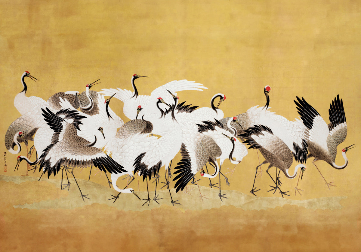 Fresque Grues du Japon : une nuée de grues noires et blanches sur un fond or, d'après une peinture d'Ishida Yūtei
