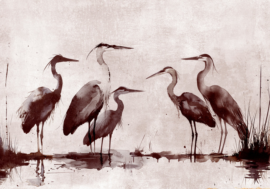 Fresque Hérons à l'encre : cinq hérons peints à l'encre sur fond gris rosé