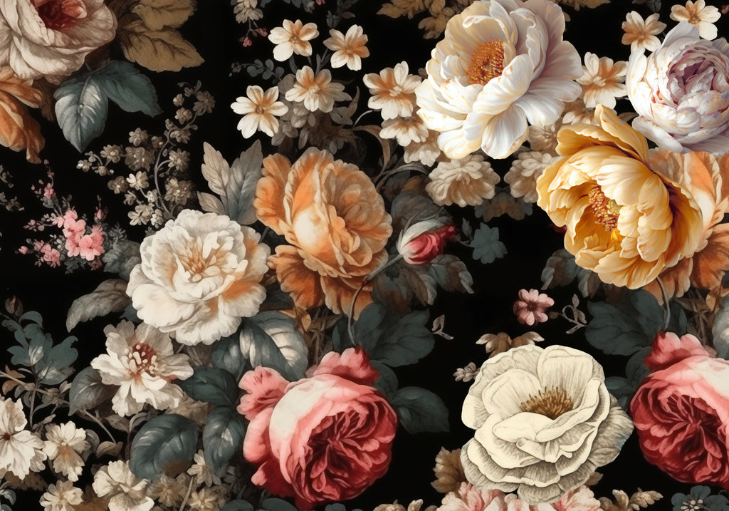 Papier peint panoramique fleurs baroques sur fond noir