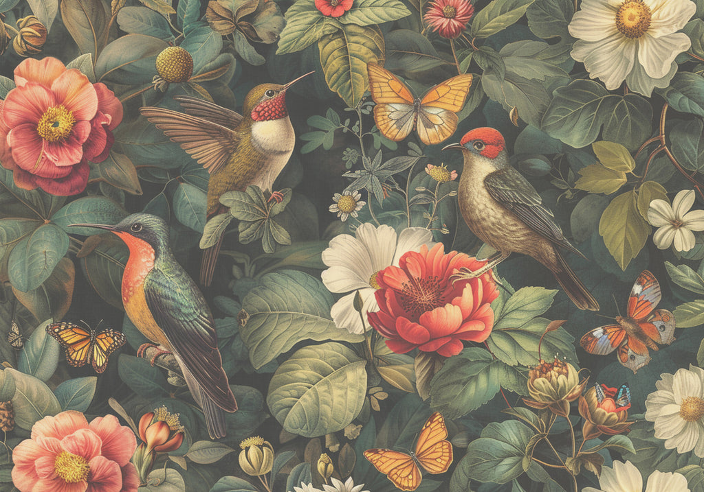 Fresque Fleurs et oiseaux : illustration ancienne de fleurs, d'oiseaux et de papillons sur un fond sombre