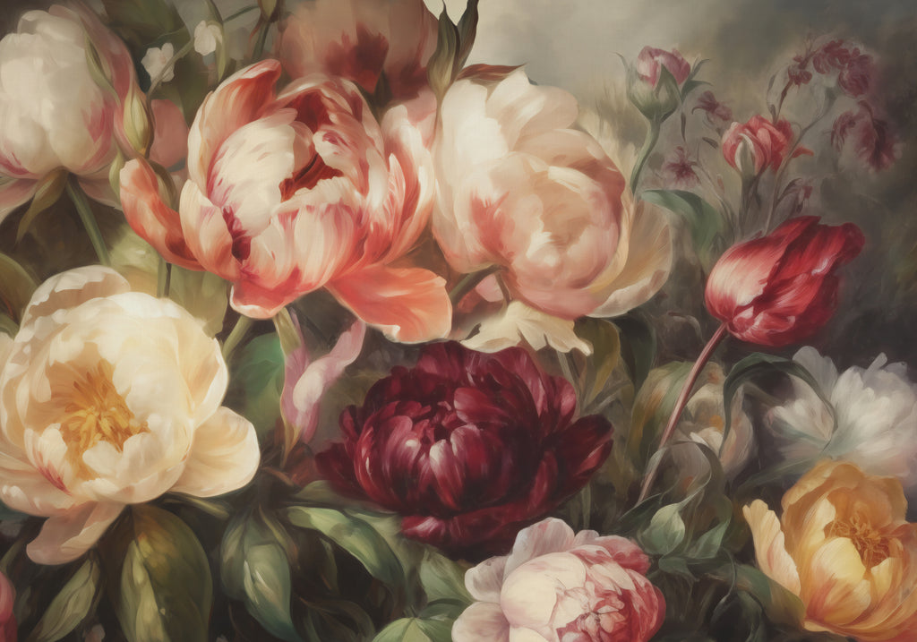 Papier peint panoramique pivoines rouge et crème