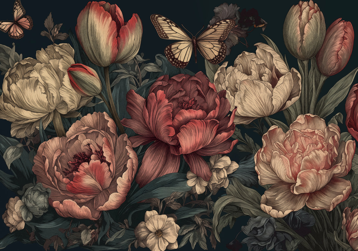 Papier peint panoramique pivoines gravées sur fond bleu canard