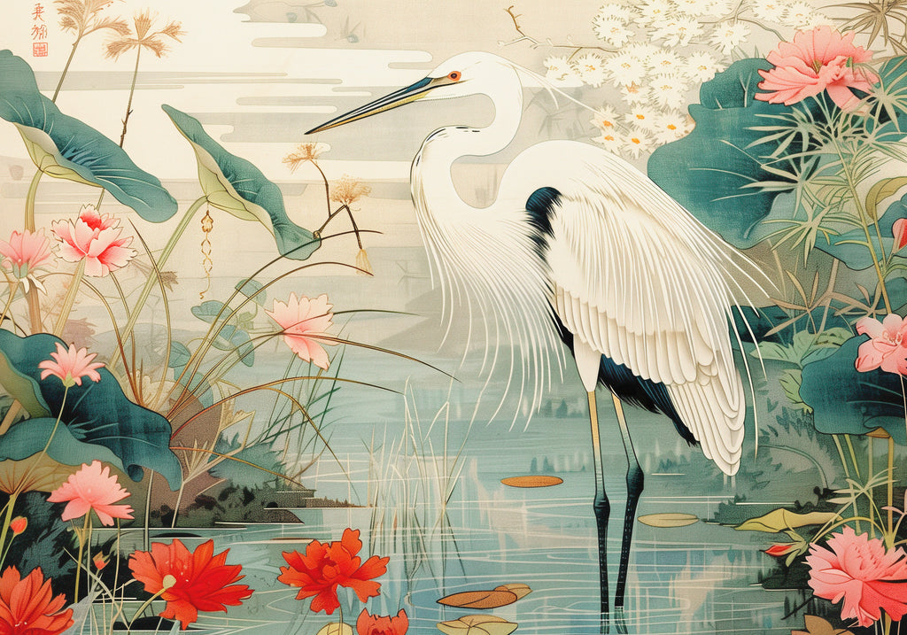 Fresque Étang japonais : un héron blanc parmi les lotus corail sur un fond turquoise, dans le style des estampes japonaises