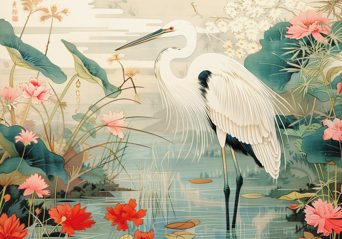 Fresque Étang japonais : un héron blanc parmi les lotus corail sur un fond turquoise, dans le style des estampes japonaises