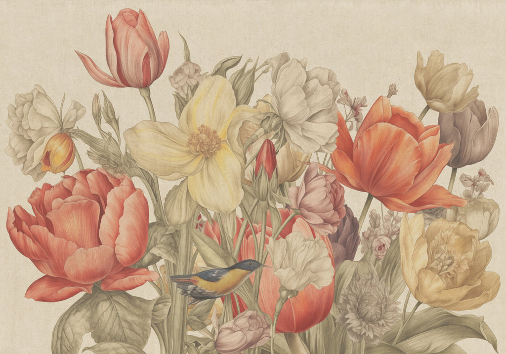 Papier peint panoramique bouquet de tulipes sur fond lin