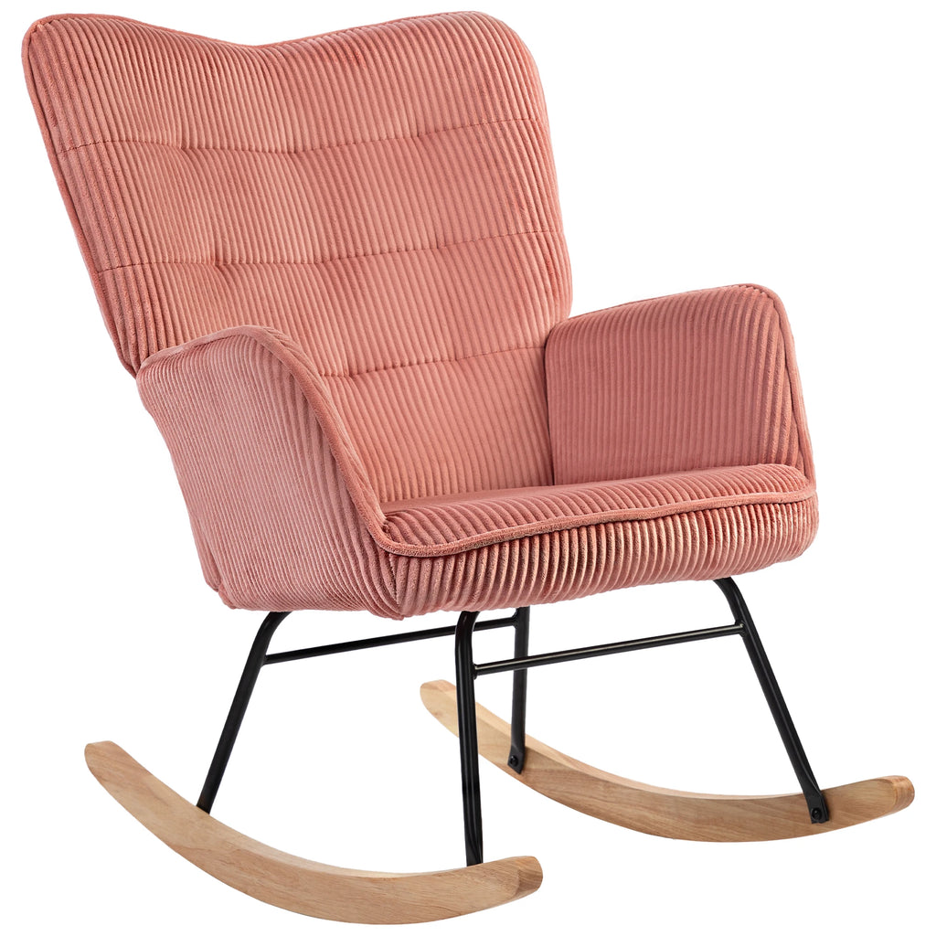 Rocking chair en velours côtelé rose, patins en hêtre