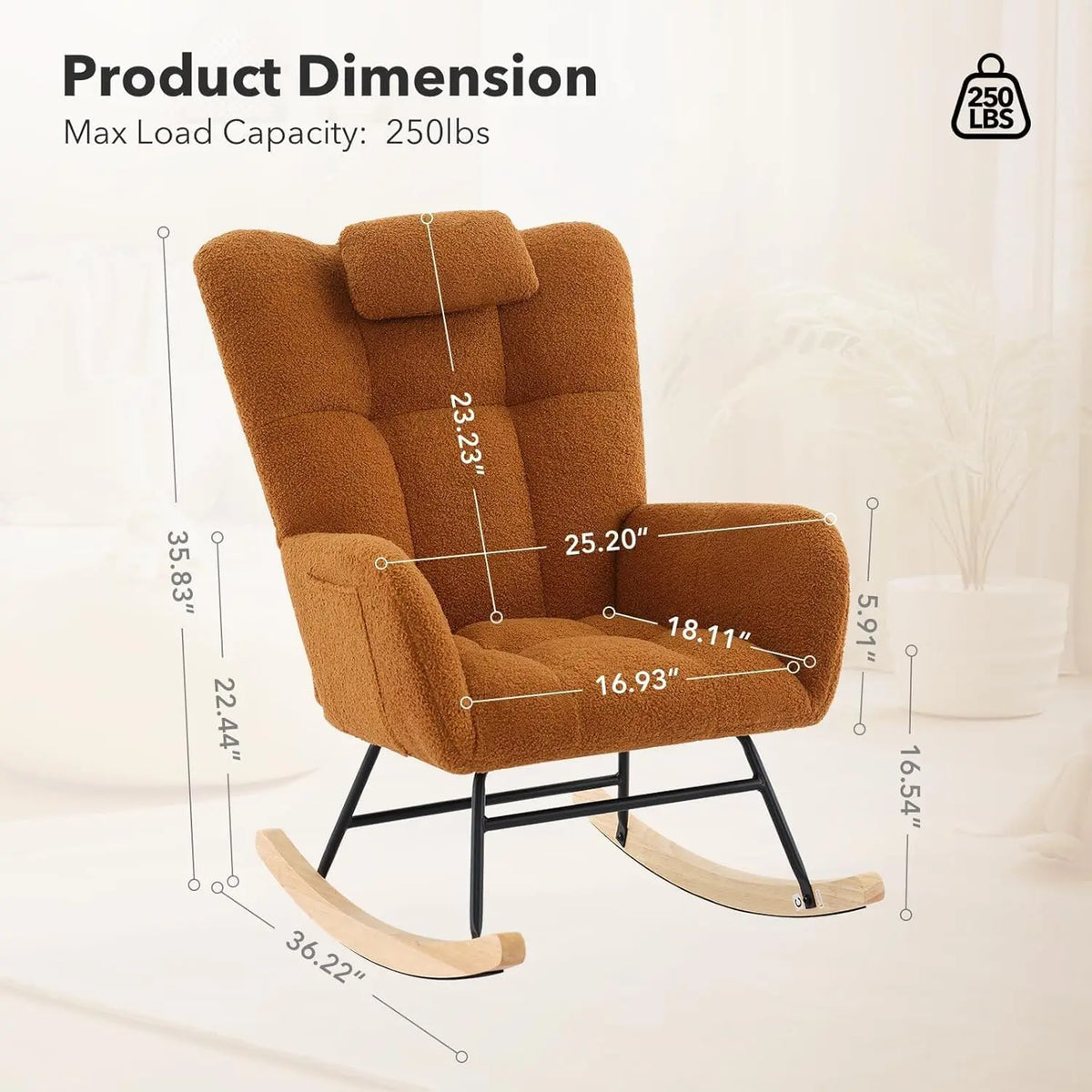 Dimensions du rocking chair bouclette caramel