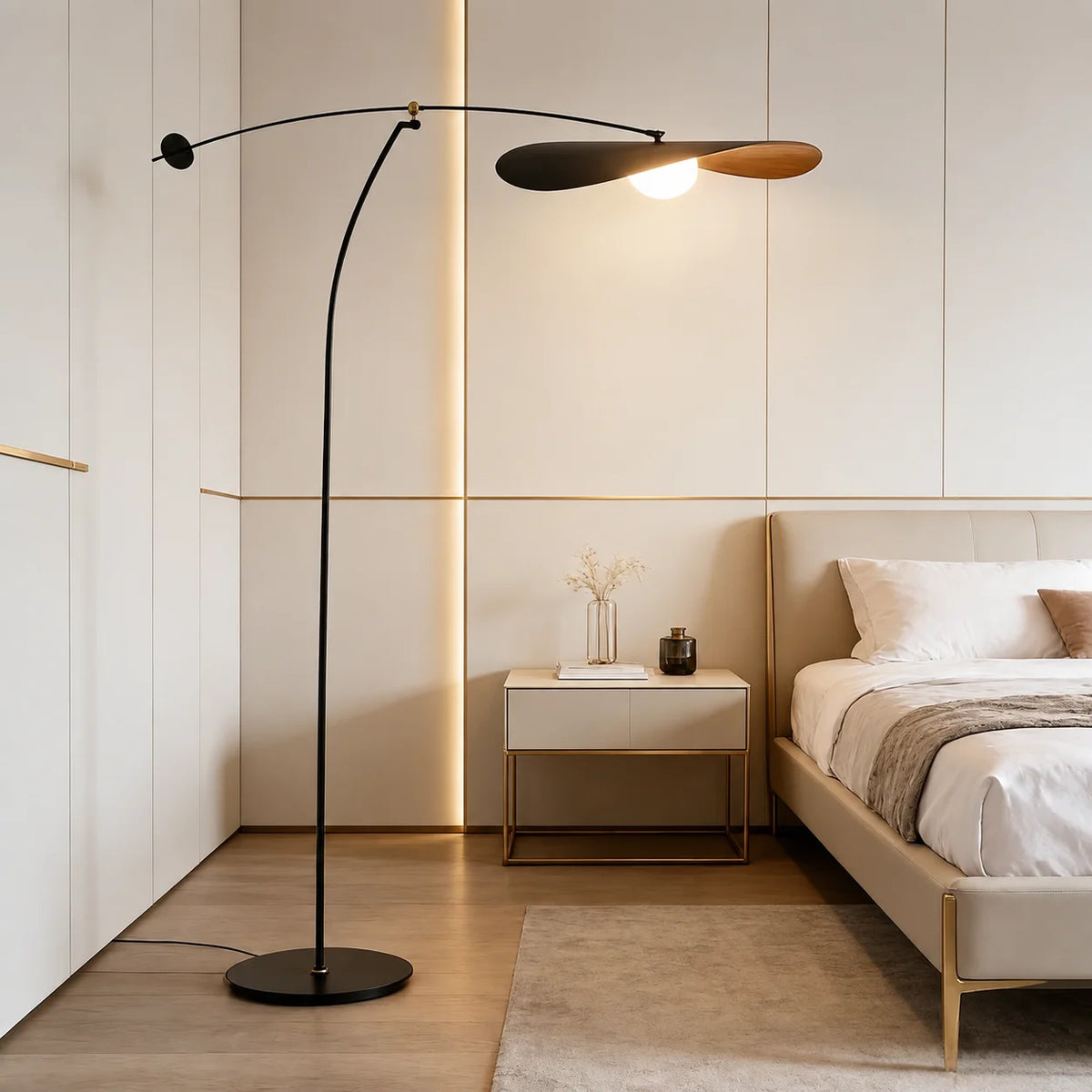 Lampadaire arc à pied courbé et abat-jour suspendu