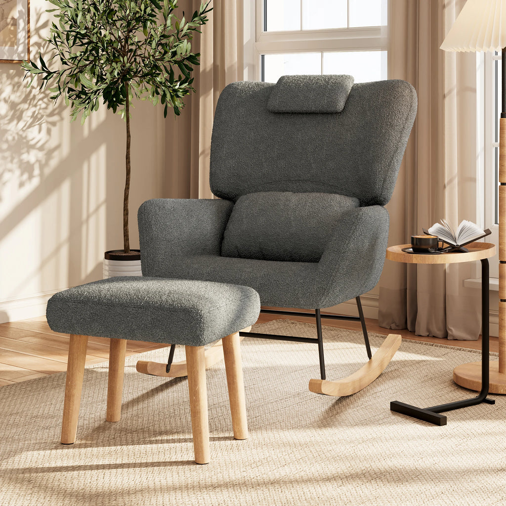 Fauteuil d'allaitement à bascule gris avec pouf