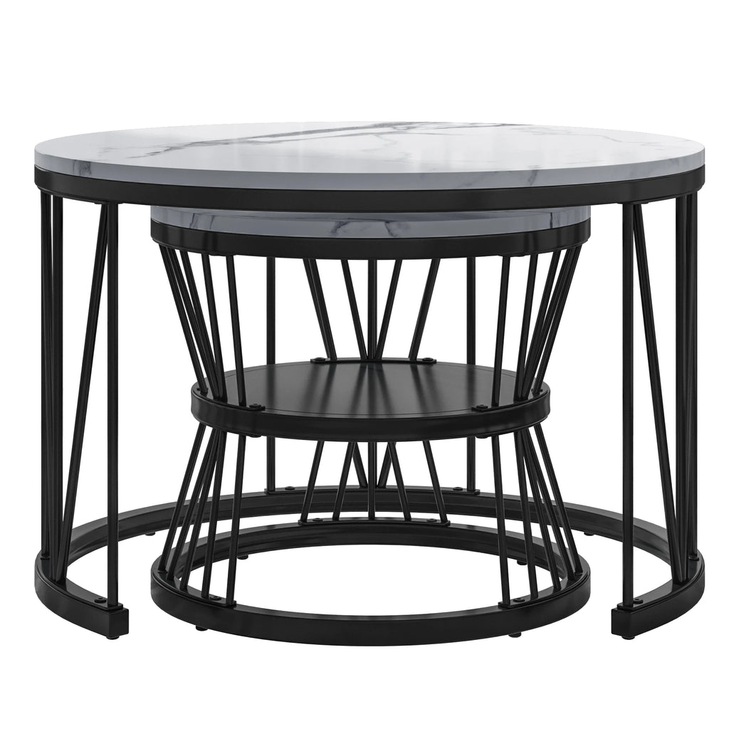 La petite table rangée sous la grande, on voit sa tablette basse en métal noir