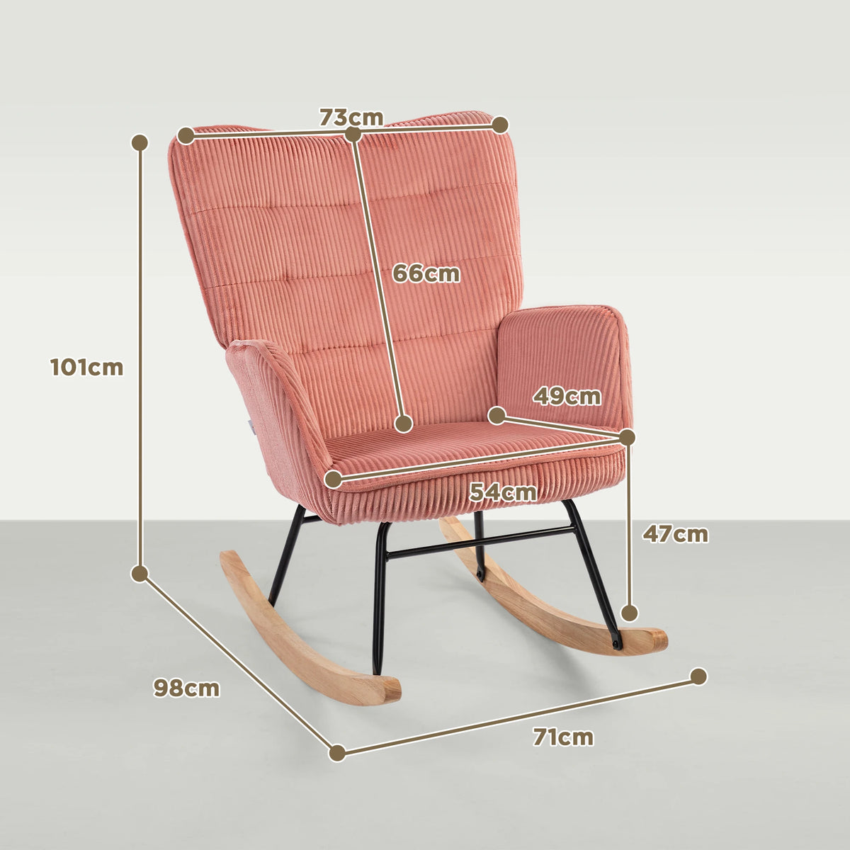 Dimensions du rocking chair en velours côtelé rose