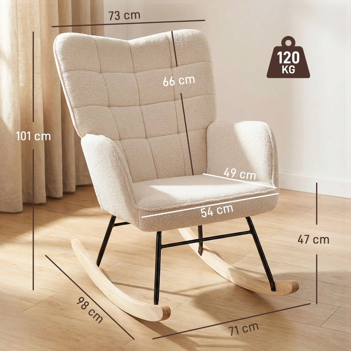 Dimensions du rocking chair bouclette crème : 71 x 98 x 101 cm