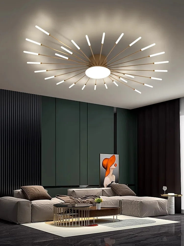 Lustre LED feux d'artifice doré au plafond d'un salon