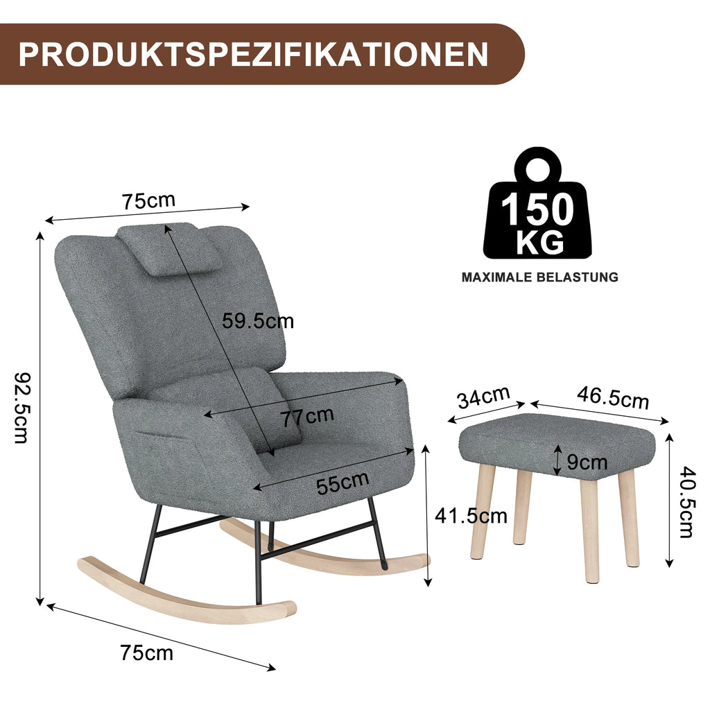 Dimensions du fauteuil d'allaitement : 75 × 75 × 92,5 cm, pouf 46,5 × 34 × 40,5 cm