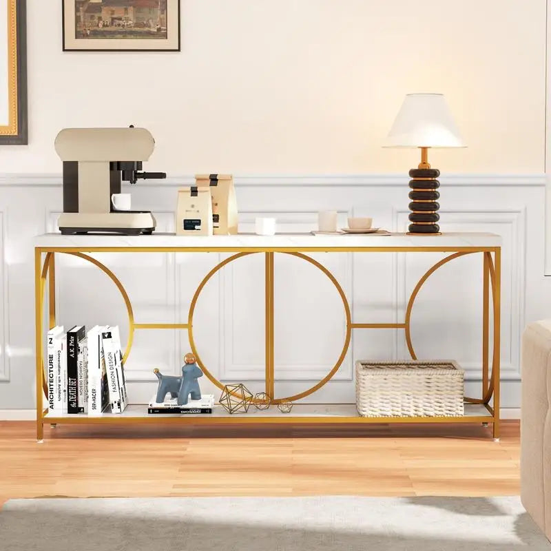 Console 180 cm effet marbre et métal doré
