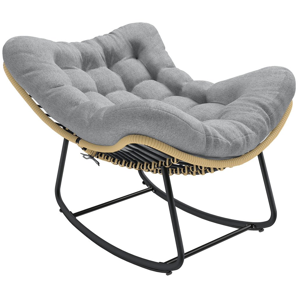 Rocking chair en rotin tressé en forme de vague avec coussin gris