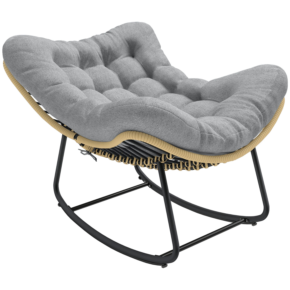 Rocking chair en rotin tressé en forme de vague avec coussin gris