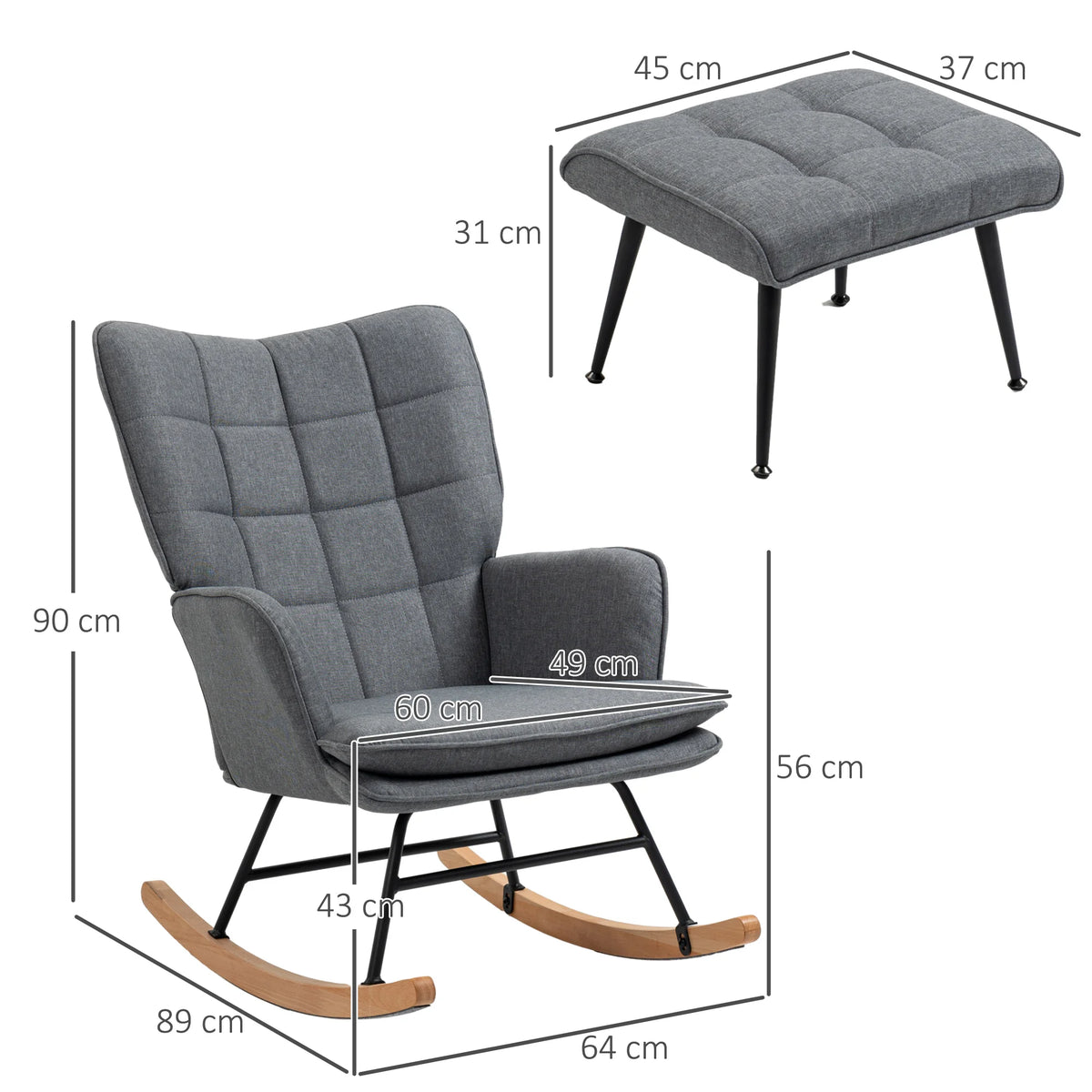Dimensions du rocking chair capitonné et du repose-pieds
