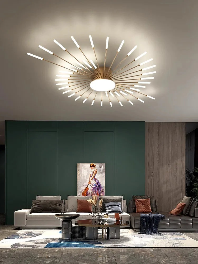Lustre feux d'artifice allumé dans un salon