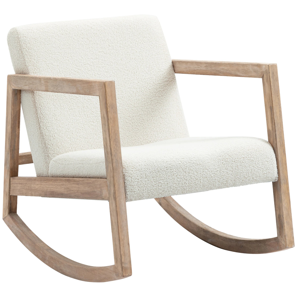 Rocking chair scandinave en bouclette, vue de trois quarts
