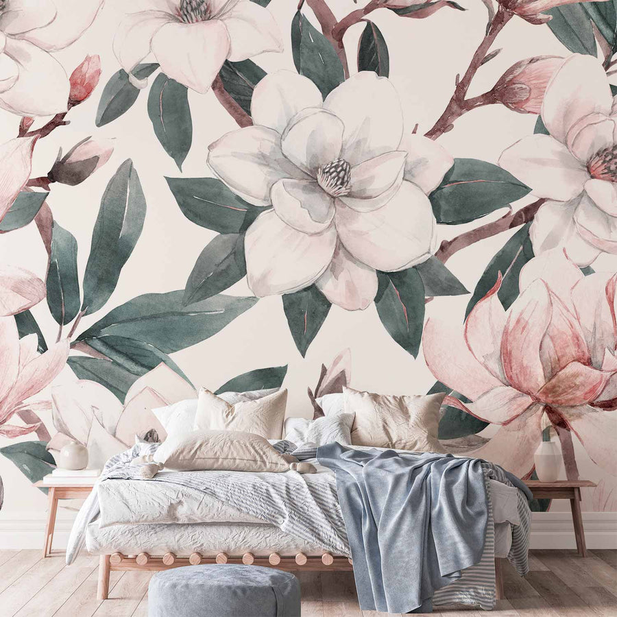 Fresque Magnolias à l'aquarelle posée sur un mur