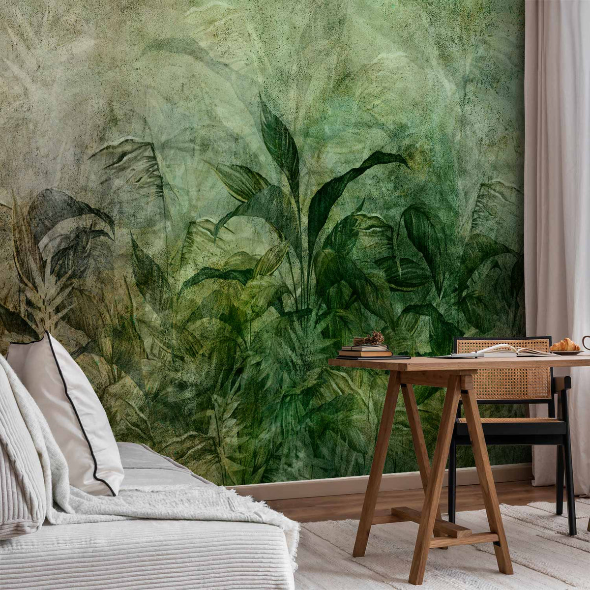 Détail du papier peint feuillages dans la brume verte