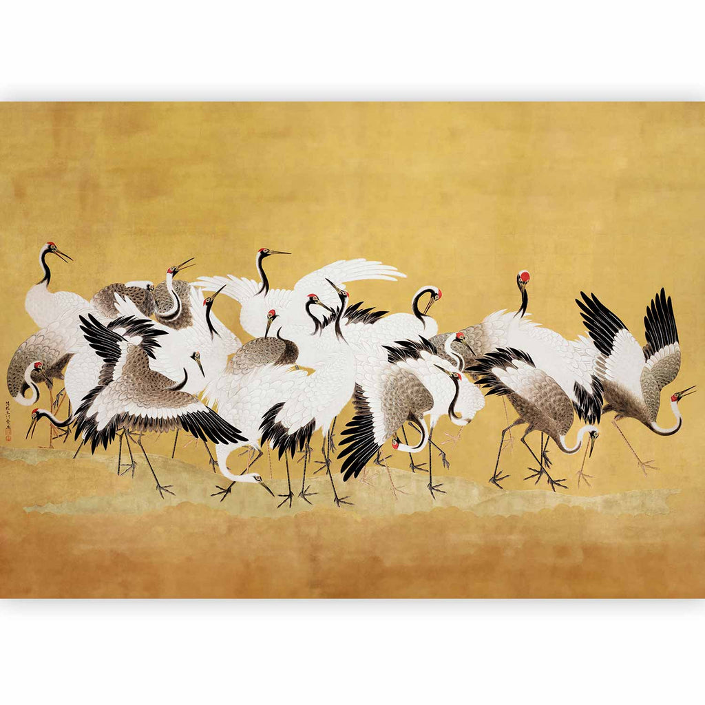 Papier peint panoramique Grues du Japon posé dans un salon