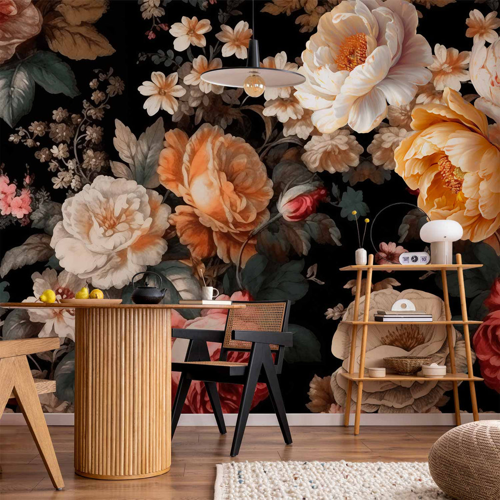 Détail du papier peint fleurs baroques