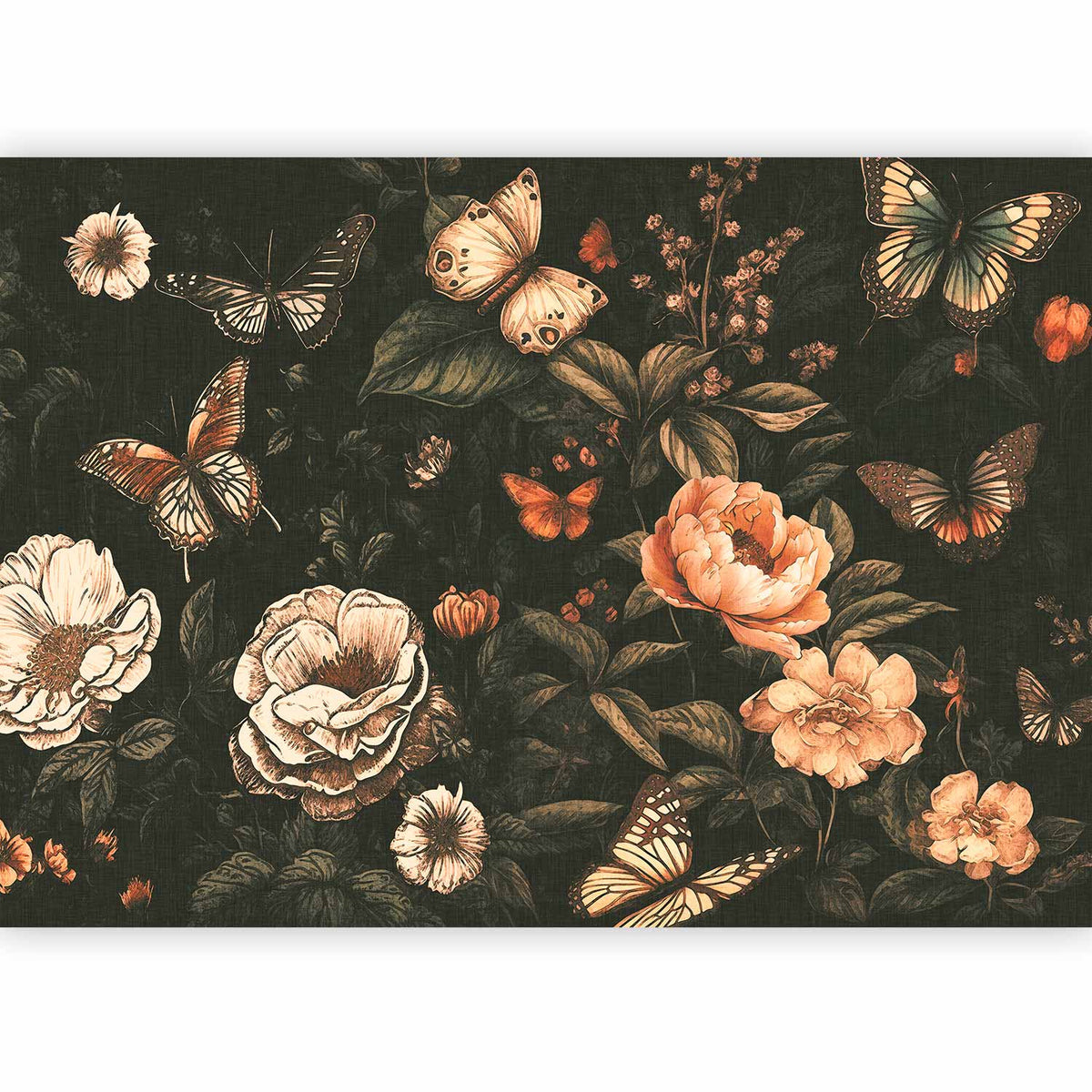 Roses et papillons posés dans une salle à manger