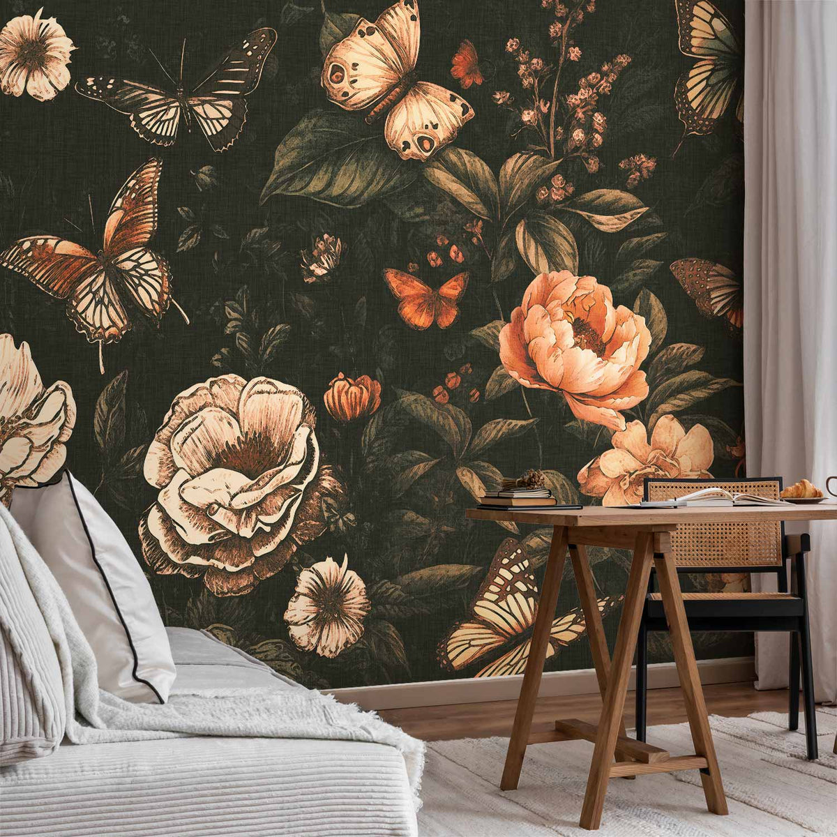 Détail du papier peint roses et papillons