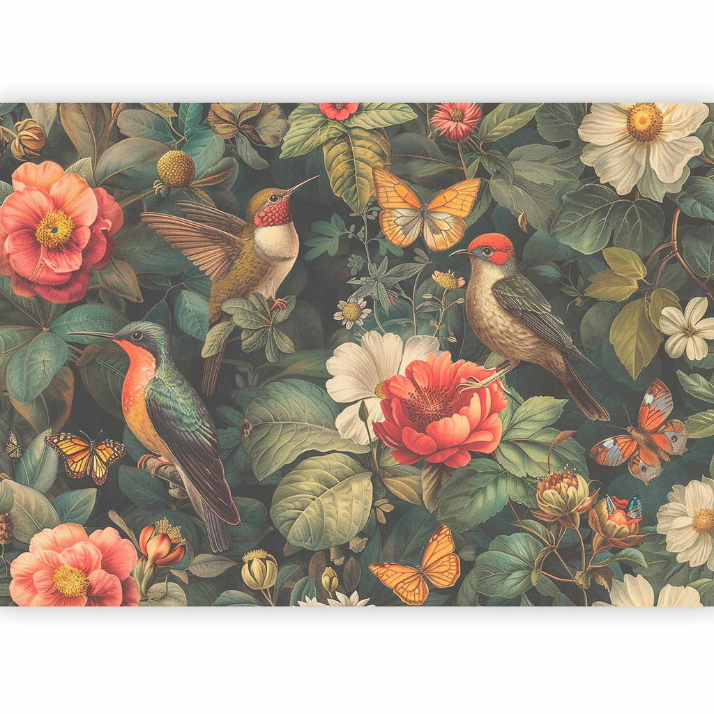 Papier peint panoramique Fleurs et oiseaux posé dans un salon