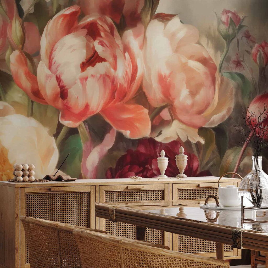 Détail du papier peint pivoines flamandes