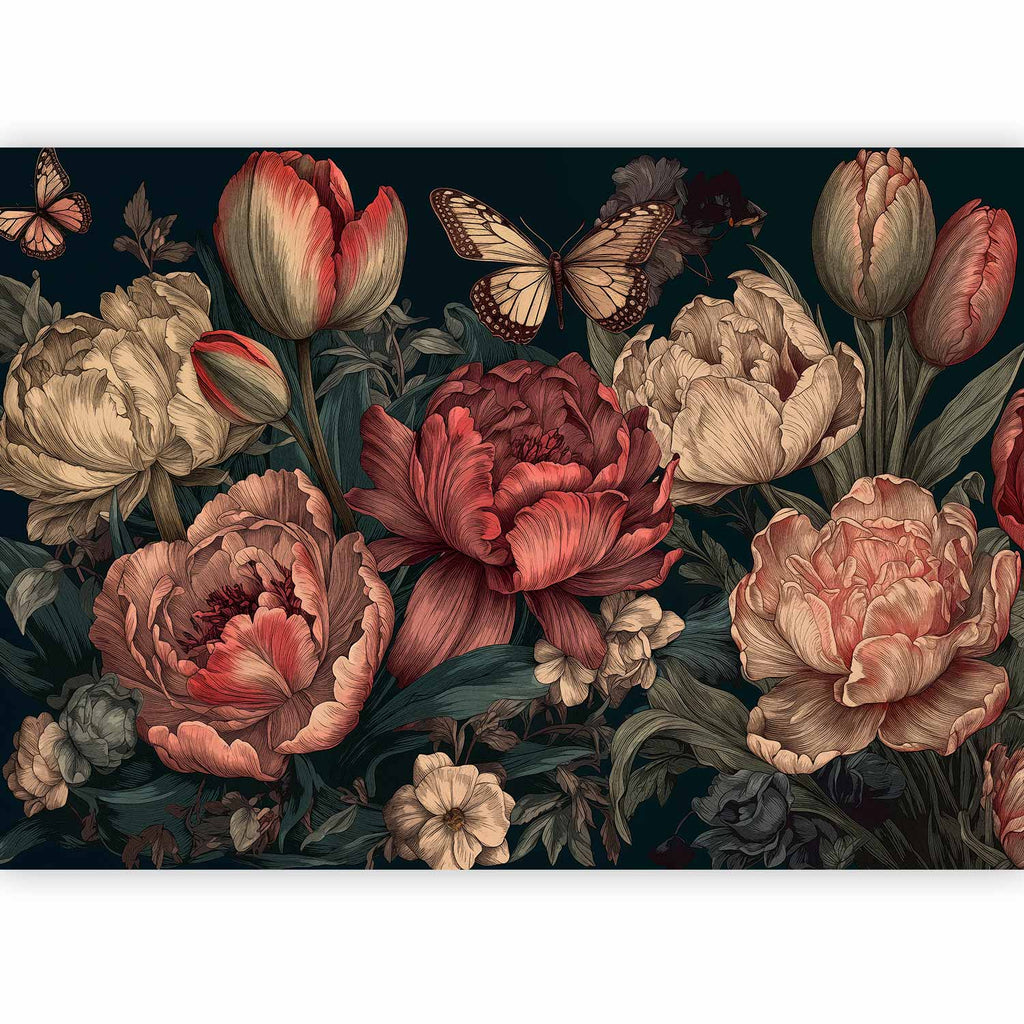 Pivoines gravées posées dans une chambre
